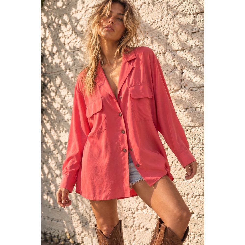 Vintage Preview Collection Pink 100% Silk Button Down Shirt Oversized Medium